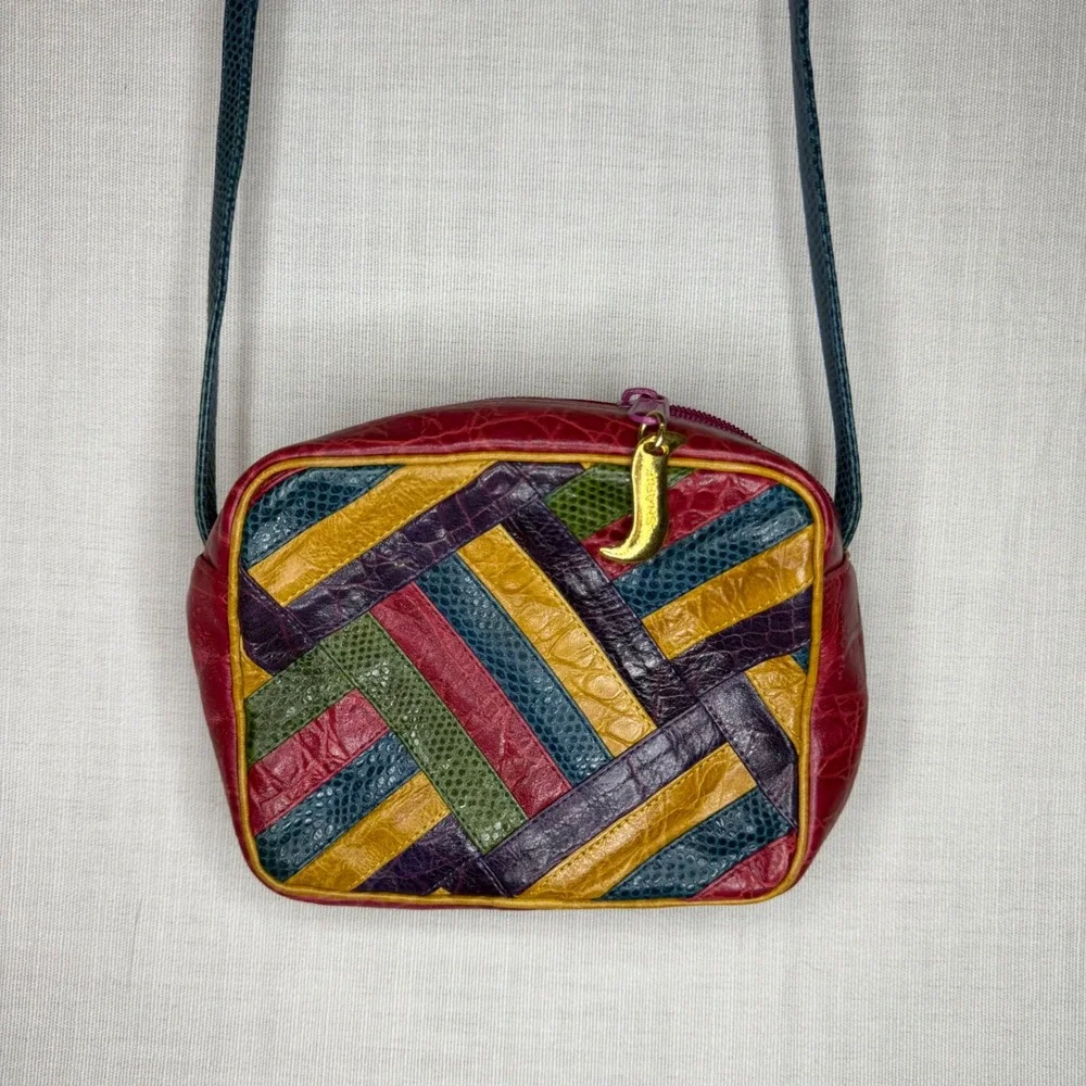 Sharif Vintage Patchwork Crossbody Bag Multicolor Faux Reptile Embossed Leather